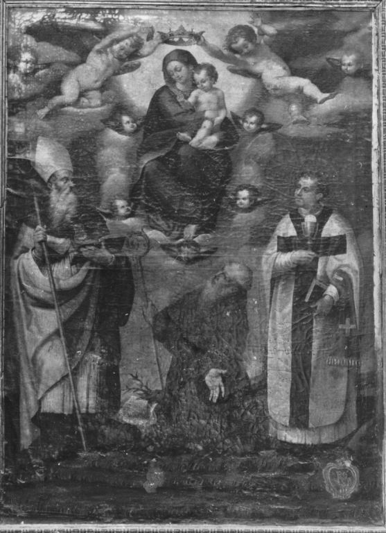 Madonna con Bambino, angeli reggicorona e santi (dipinto) - ambito laziale (inizio sec. XVII)