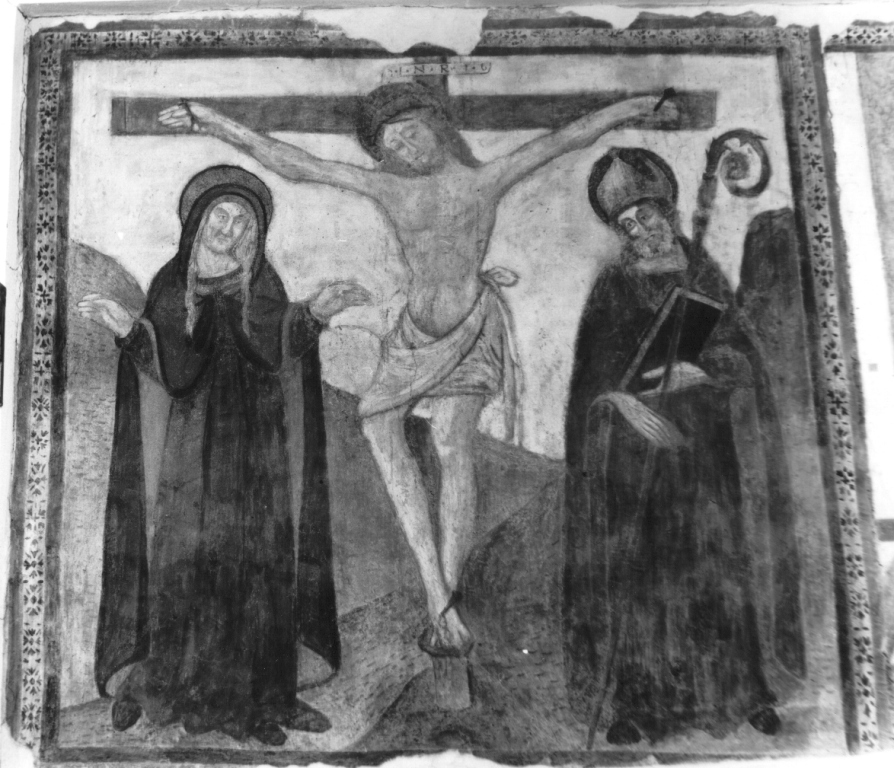 crocifissione di Cristo con la Madonna e San Nicola di Bari (dipinto) - ambito laziale (sec. XVI)