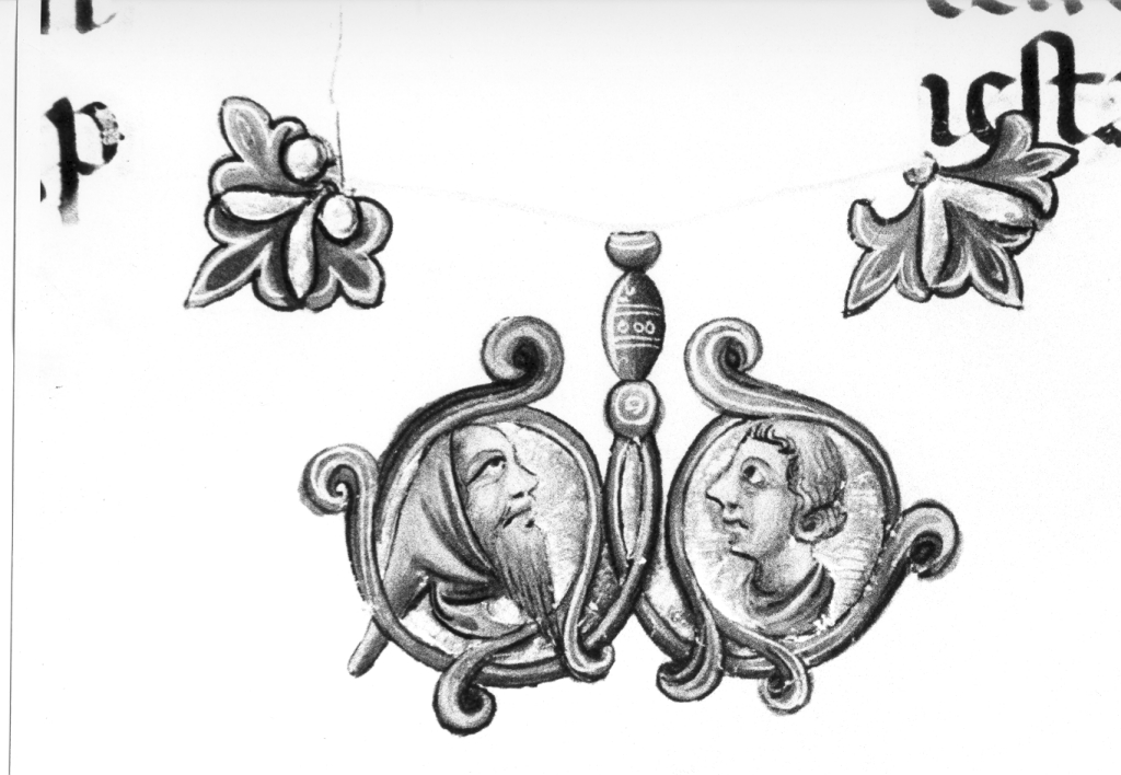 Decorazione con un frate e un uomo (miniatura, serie) - ambito laziale (sec. XIV)