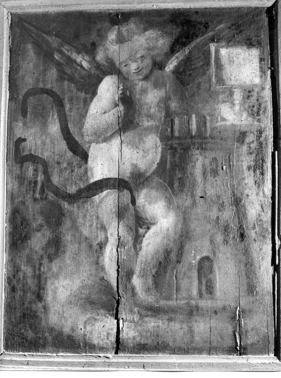 putto alato con specchio in mano (dipinto) - ambito laziale (sec. XVIII)