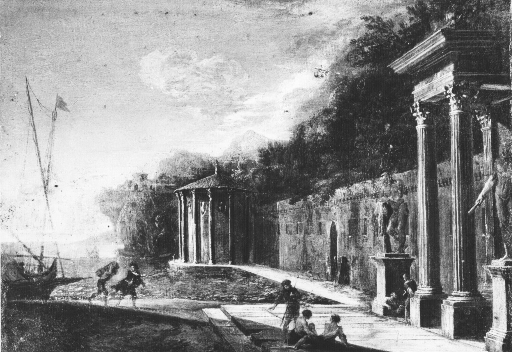 Porto con Tempio di Vesta (dipinto) - scuola napoletana (prima metà sec. XVII)