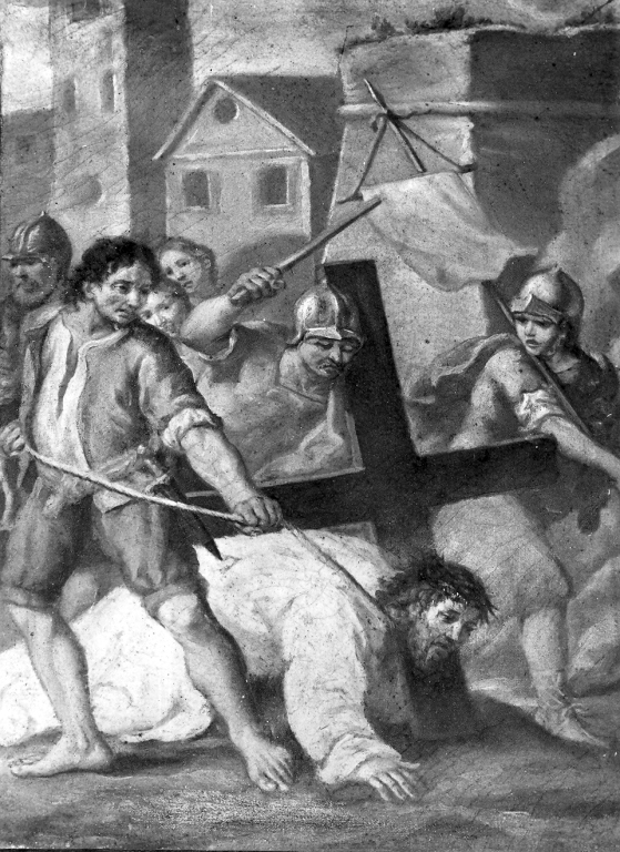 stazione III: Gesù cade sotto la croce la prima volta (dipinto) - ambito laziale (prima metà sec. XVIII)