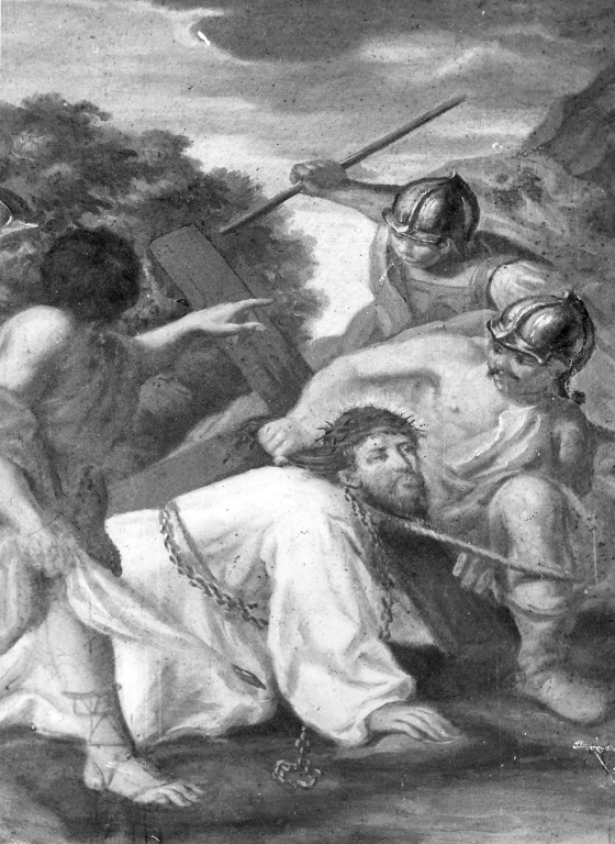 stazione IX: Gesù cade sotto la croce la terza volta (dipinto) - ambito laziale (prima metà sec. XVIII)
