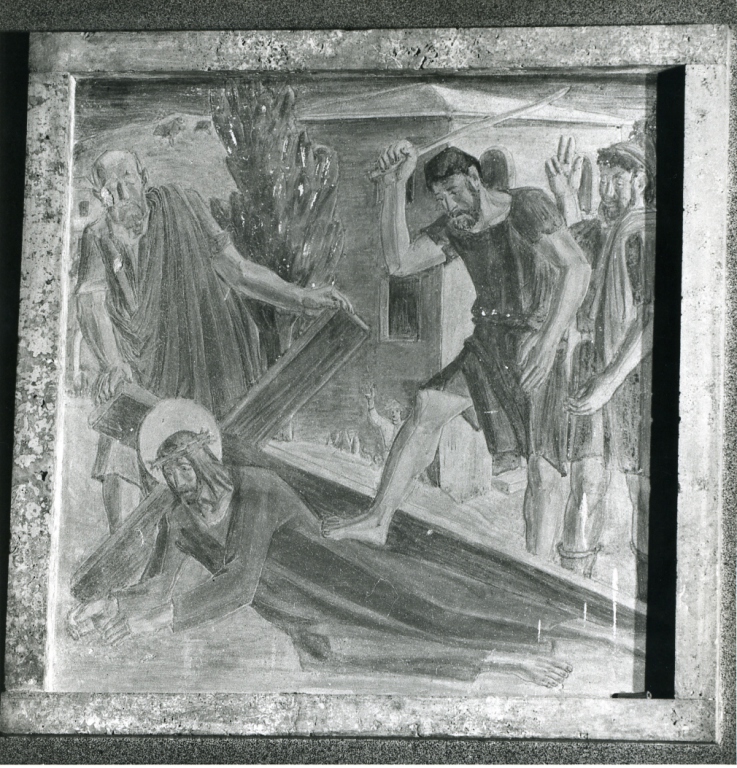stazione VII: Gesù cade sotto la croce la seconda volta (dipinto) di Papi Federigo (sec. XX)