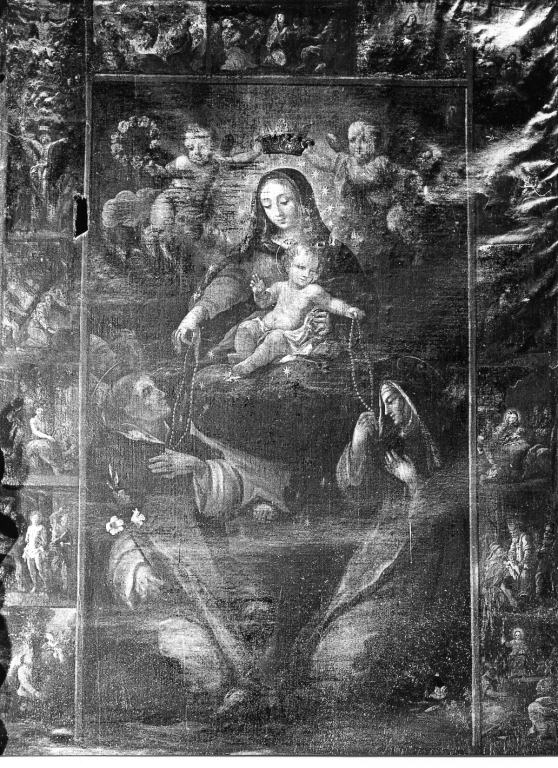 Madonna del Rosario con San Domenico e Santa Caterina, santi e misteri del rosario (dipinto) - ambito laziale (sec. XVII)