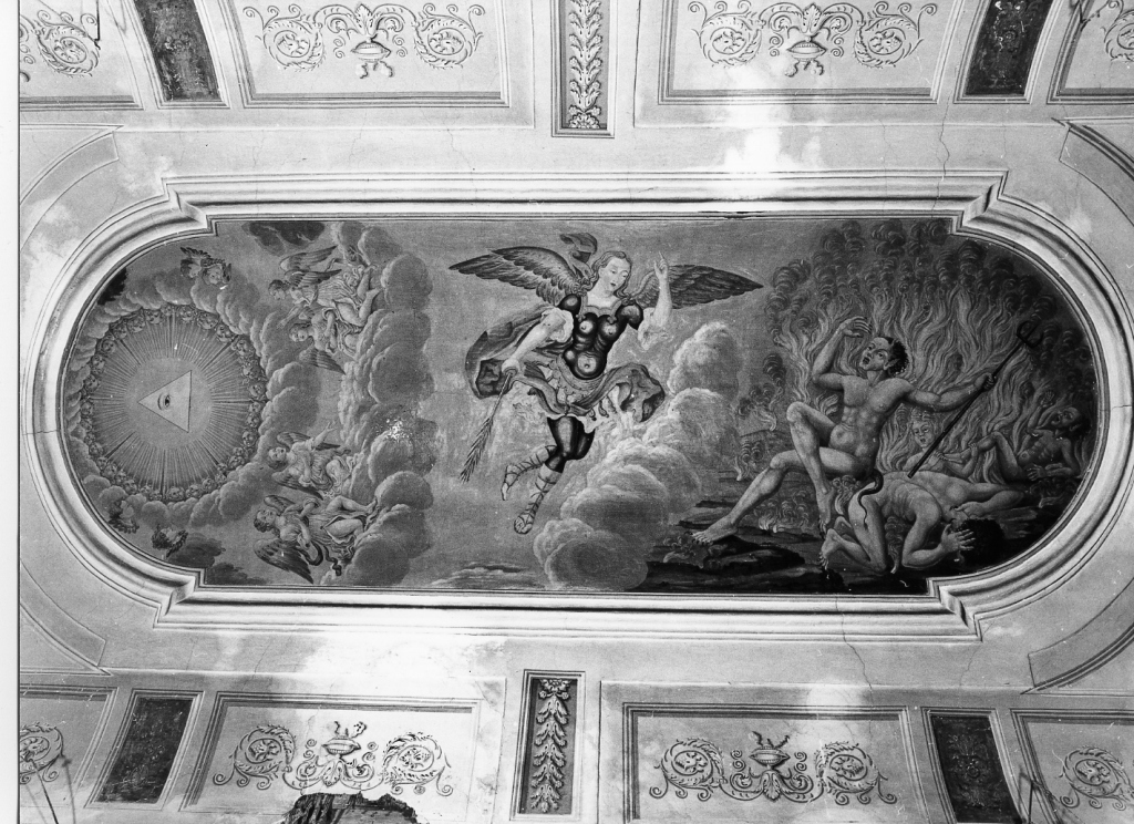 San Michele Arcangelo e gli angeli combattono contro il drago (dipinto) - ambito laziale (sec. XIX)