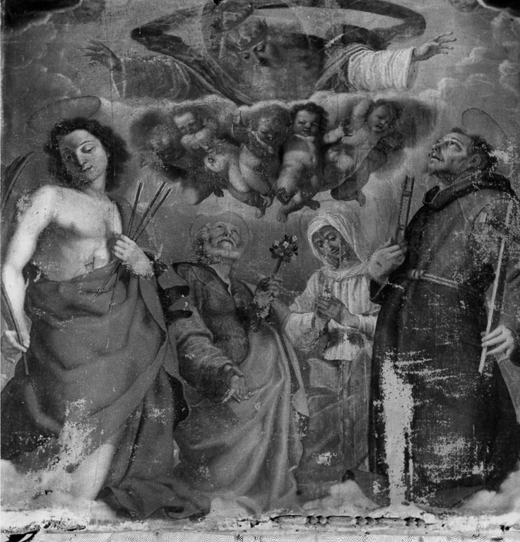 Dio Padre benedice i santi Francesco, Giuseppe, Sebastiano e la Madonna (dipinto) - ambito romano (fine sec. XVII)