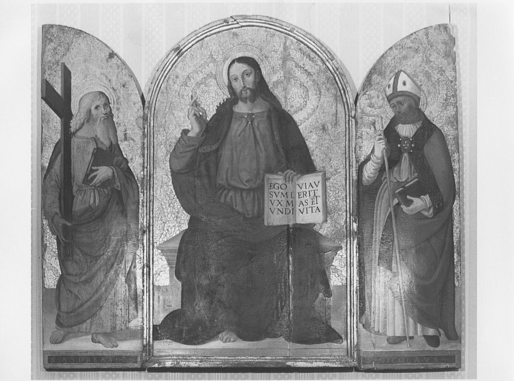 Cristo benedicente tra i santi Andrea e Nicola (dipinto) - ambito umbro-laziale (primo quarto sec. XVI)