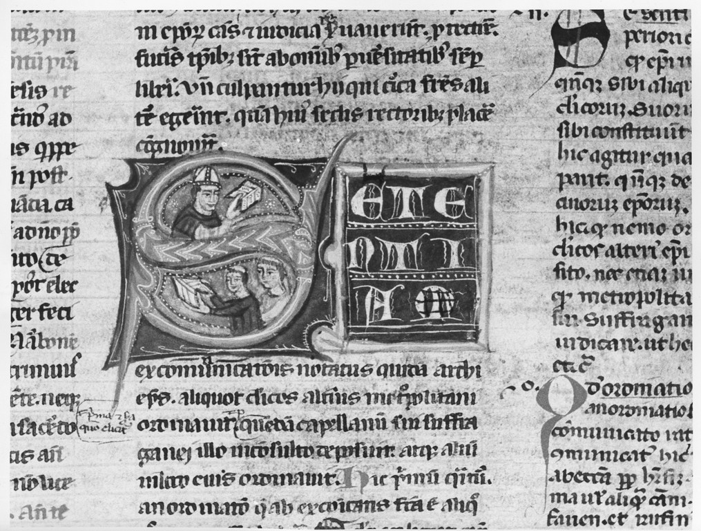 iniziale "S" (miniatura, elemento d'insieme) - ambito Italia centrale (sec. XIV)