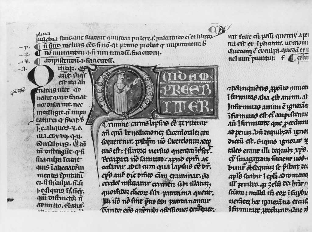 iniziale "Q" (miniatura, elemento d'insieme) - ambito Italia centrale (sec. XIV)