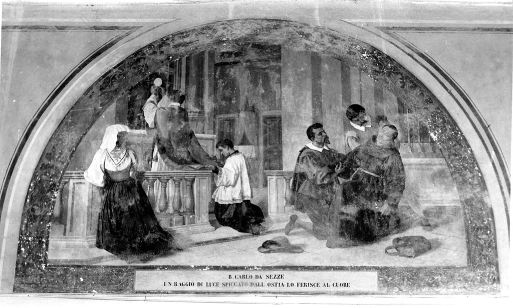 San Carlo da Sezze è trafitto ddal raggio di luce emanato dall'ostia (dipinto, ciclo) di Grillotti Ludovico (sec. XX)