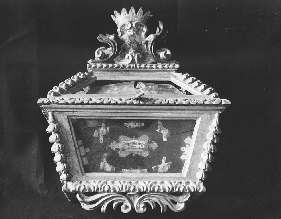 reliquiario a teca - a urna, coppia - ambito laziale (fine/inizio secc. XVII/ XVIII)