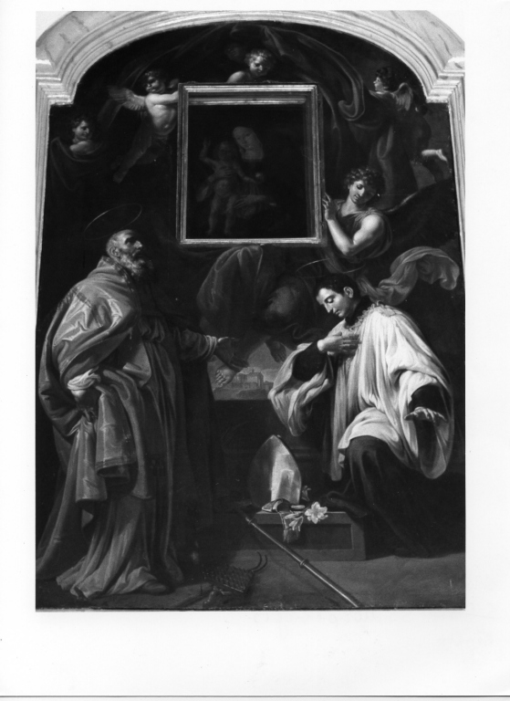 San Biagio e San Luigi Gonzaga venerano l'immagine della Madonna con Bambino, apparizione della Madonna (dipinto) di Mallerini Prospero (sec. XIX)