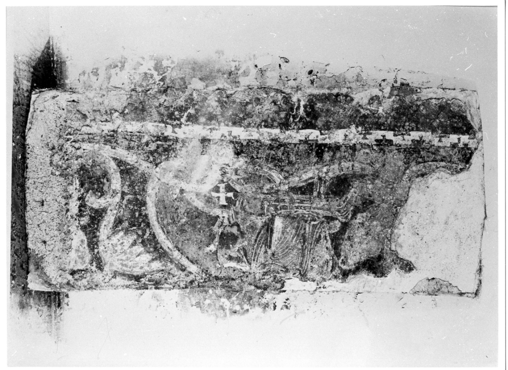 motivi decorativi a volute (dipinto, frammento) - ambito romano (secondo quarto sec. XII)