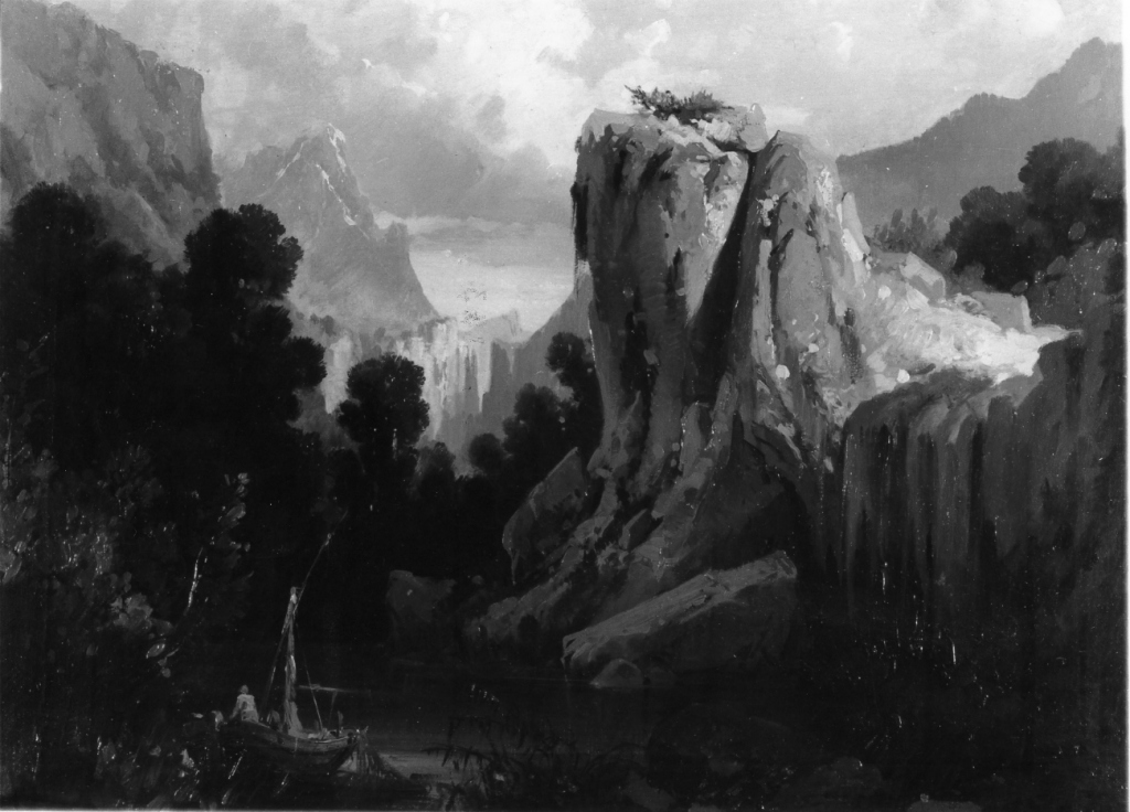 paesaggio montuoso con pescatori (dipinto) di Rocchi Gaetano (seconda metà sec. XIX)