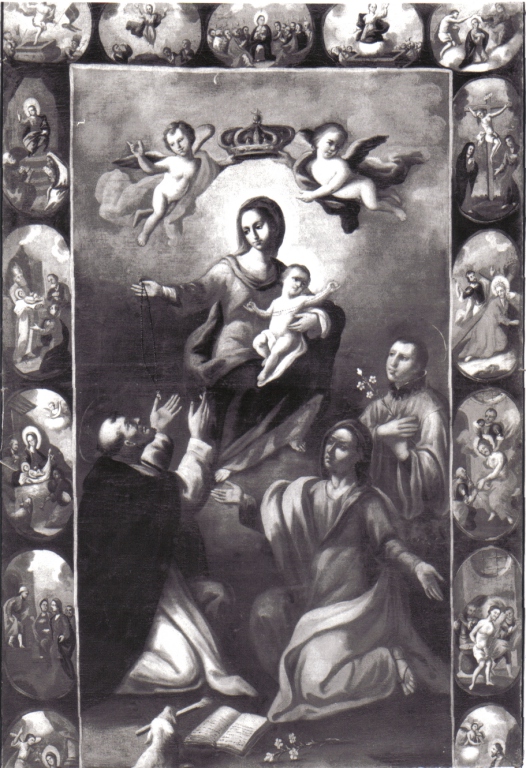 Madonna del Rosario con San Domenico, San Luigi Gonzaga, una santa e misteri del rosario (dipinto) - ambito laziale (primo quarto sec. XVIII)