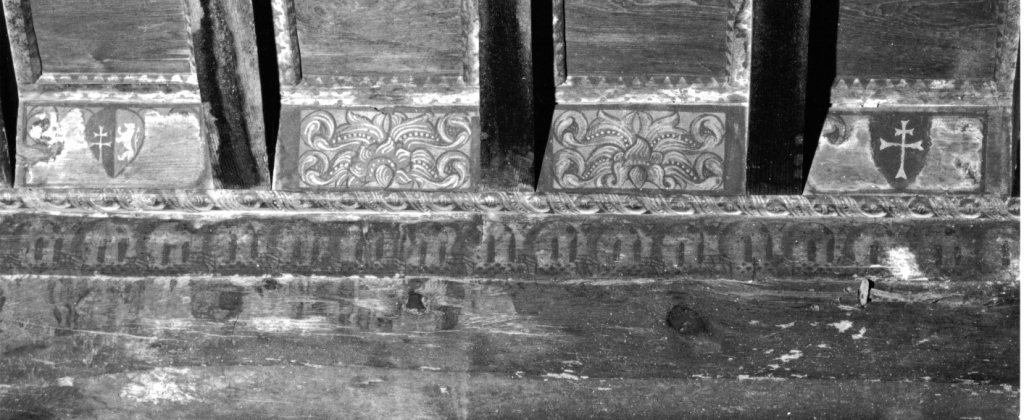 emblema dell'ordine di Santo Spirito in Sassia, stemma gentilizio e decorazione fogliacea (trave, elemento d'insieme) - ambito viterbese (sec. XV)