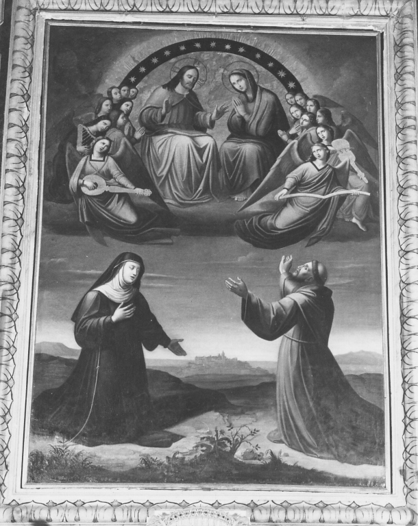 Cristo e la Madonna adorati da San Francesco e Santa Chiara (dipinto) di Turchi Giuseppe (seconda metà sec. XIX)
