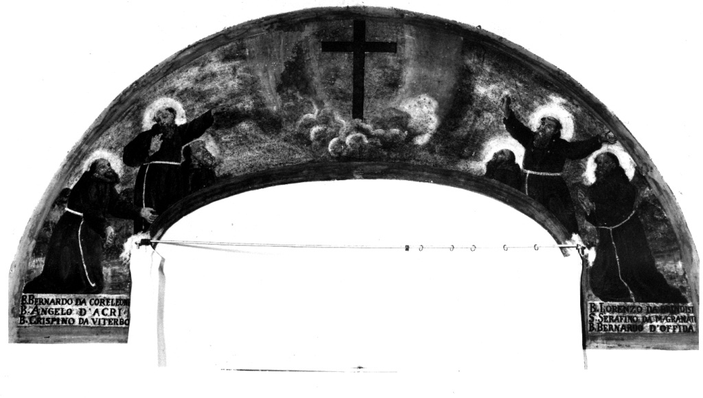 Santi francescani in adorazione della croce (dipinto) - ambito laziale (sec. XVII)