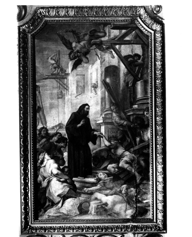 San Francesco di Paola resuscita i muratori caduti da un'impalcatura (dipinto) di Chiari Giuseppe Bartolomeo (inizio sec. XVIII)