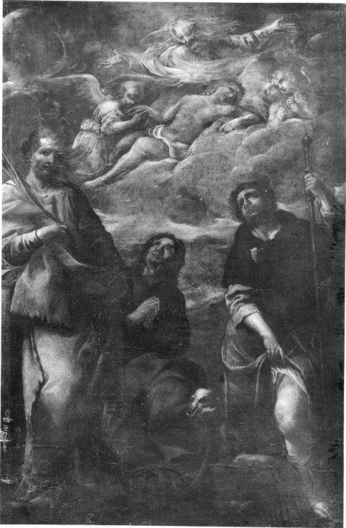 la Trinità appare ai santi Cosma, Damiano e Rocco (dipinto) di Brandi Giacinto (maniera) - ambito laziale (seconda metà sec. XVII)
