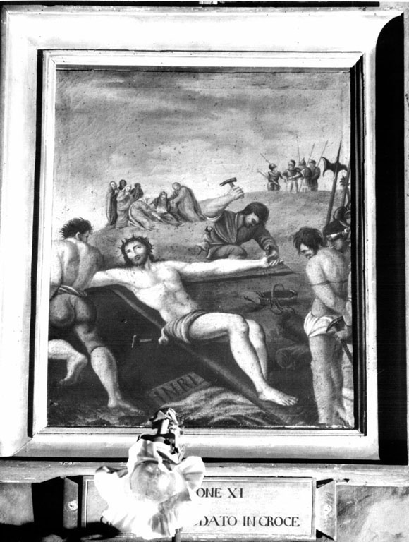 XI stazione: Gesù inchiodato alla croce (dipinto) di Capparoni Giuseppe (sec. XIX)