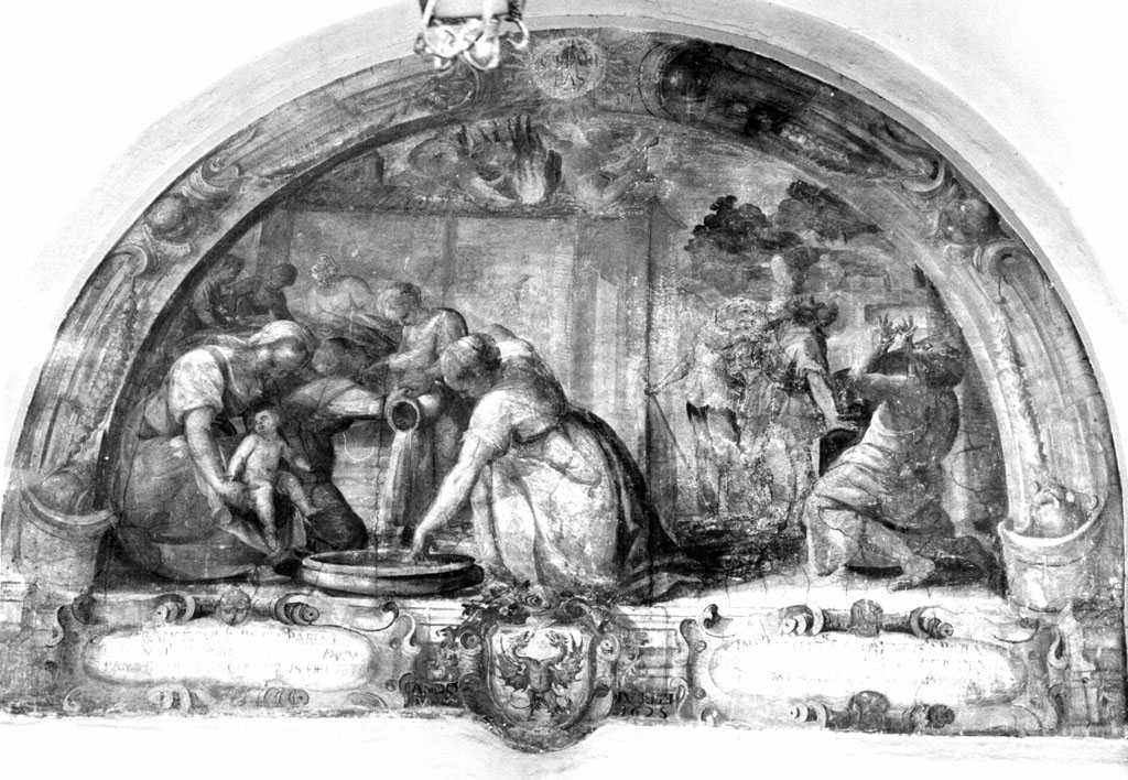 Nascita di San Francesco di Paola; Apparizione miracolosa delle fiamme sulla casa dei genitori (dipinto) di Cozza Francesco (sec. XVII)