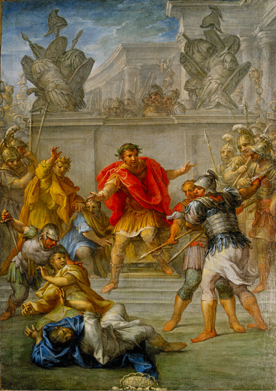imperatore Claudio impedisce l'uccisione dei suoi attentatori (dipinto) di Baldi Lazzaro (sec. XVII)