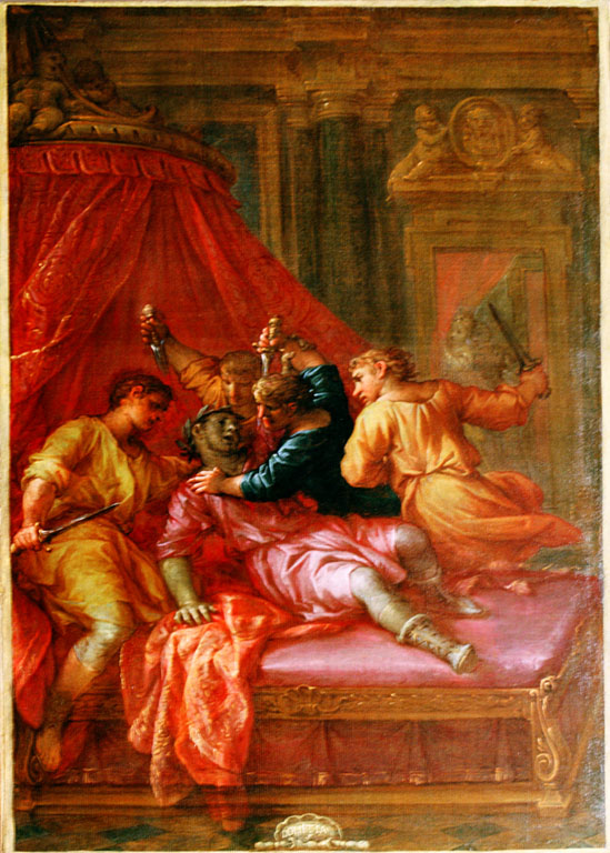 Domiziano aggredito sul letto dai sicari (dipinto) di Baldi Lazzaro (sec. XVII)