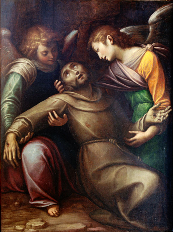 San Francesco d'Assisi confortato da due angeli (dipinto) di Caccia Orsola Maddalena (sec. XVII)