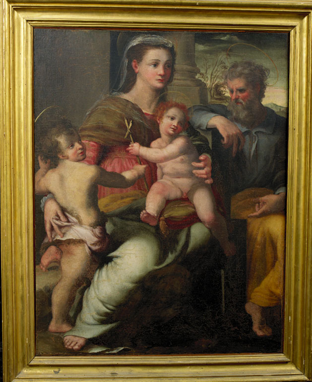 Sacra Famiglia con San Giovanni Battista bambino (dipinto) di Sanzio Raffaello (scuola) (sec. XVI)