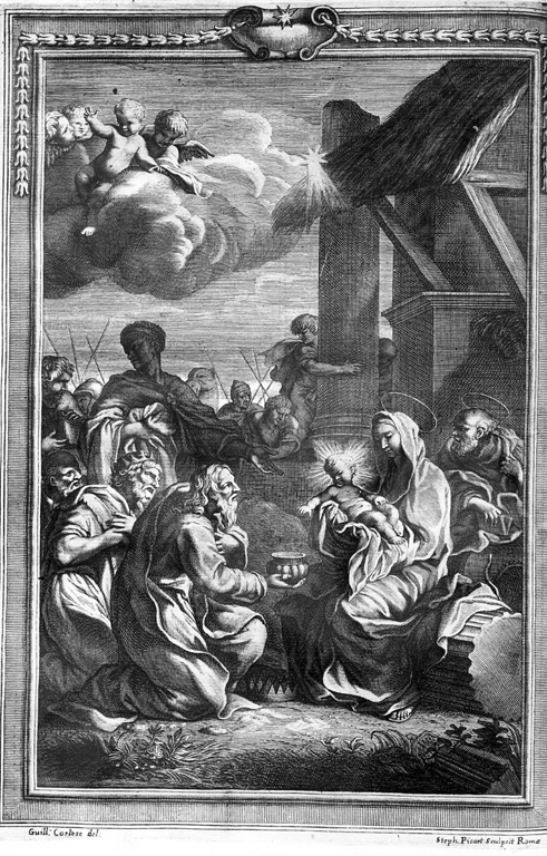 adorazione dei Re Magi (stampa) di Picart Etienne, Courtois Guillaume detto Borgognone (sec. XVII)