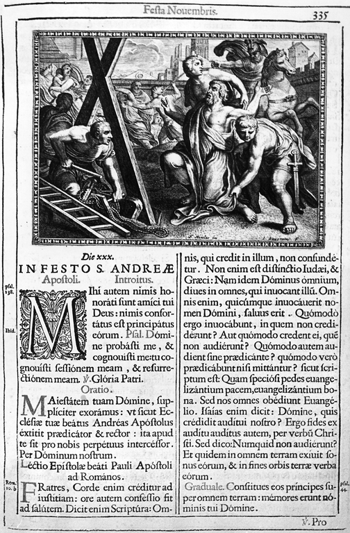 crocifissione di Sant'Andrea (stampa) di Baroni Giuseppe, De Bar Nicolas (sec. XVII)