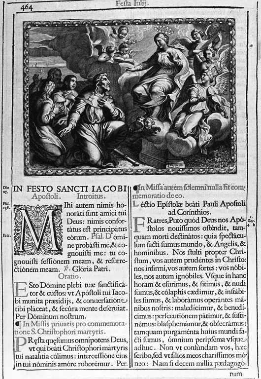 apparizione della Madonna su una colonna a San Giacomo il Maggiore (stampa) di De Bar Nicolas, Picart Etienne (sec. XVII)