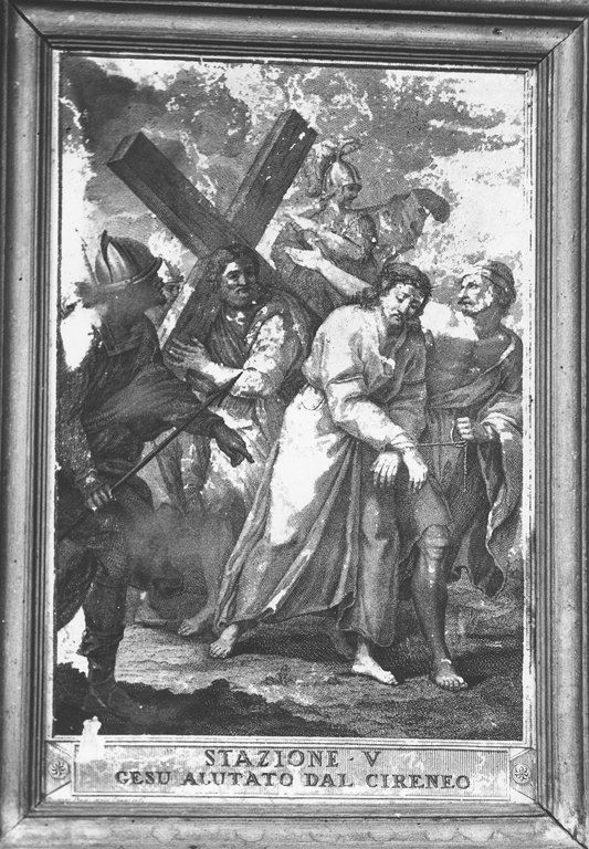 stazione V: Gesù aiutato da Simone il Cireneo a portare la croce (stampa) di Perini Giuseppe (sec. XVIII)