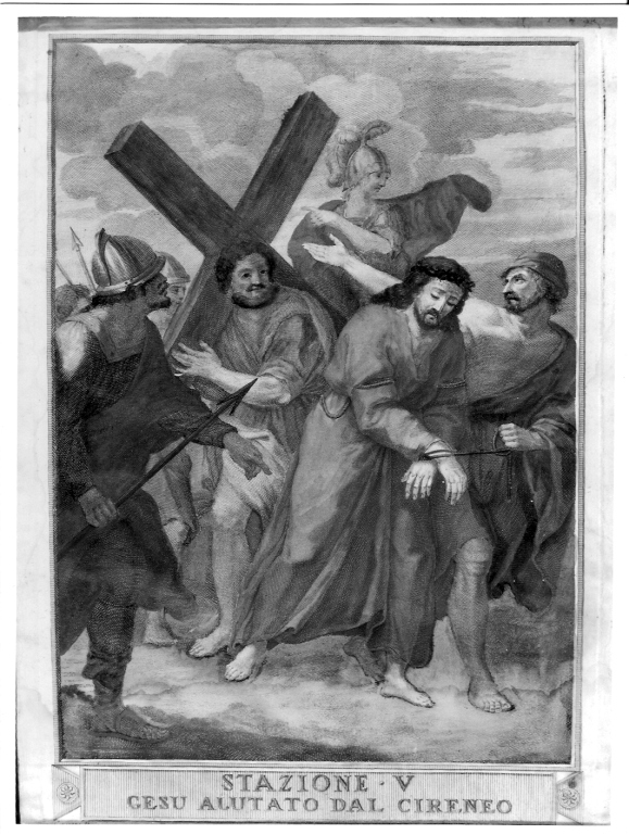 stazione V: Gesù aiutato da Simone il Cireneo a portare la croce (stampa, serie) di Parini Giuseppe (inizio sec. XIX)