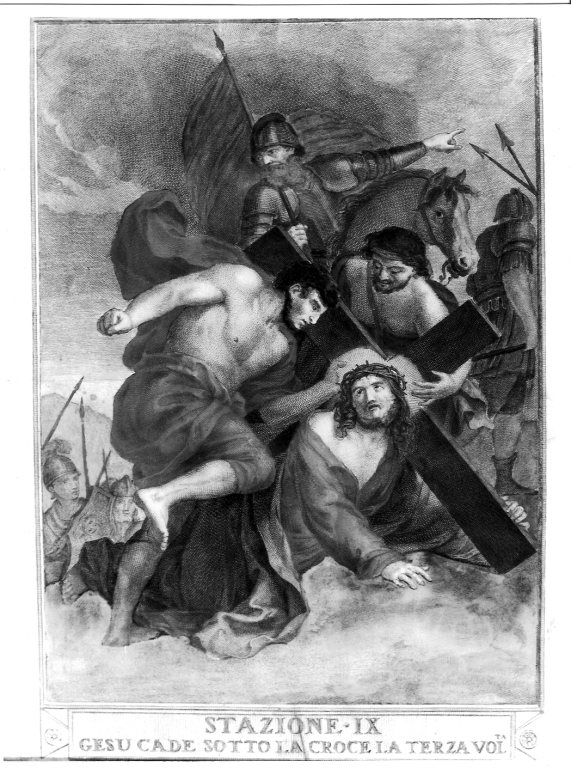 stazione IX: Gesù cade sotto la croce la terza volta (stampa, serie) - ambito romano (inizio sec. XIX)