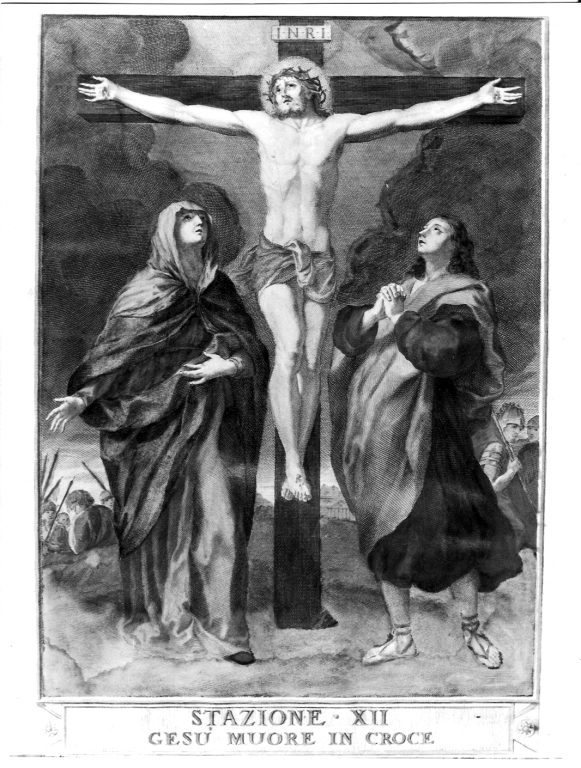 stazione XII: Gesù innalzato e morto in croce (stampa, serie) di Bombelli Pietro Leone (inizio sec. XIX)