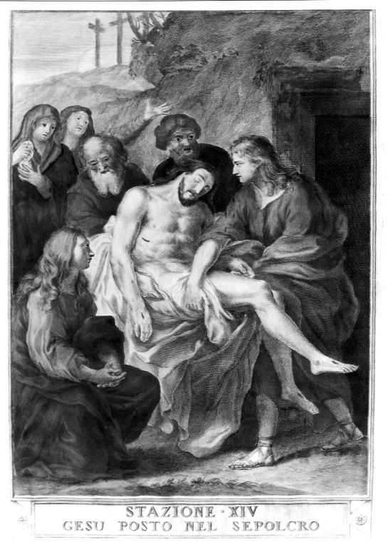stazione XIV: Gesù deposto nel sepolcro (stampa, serie) di Bombelli Pietro Leone (inizio sec. XIX)