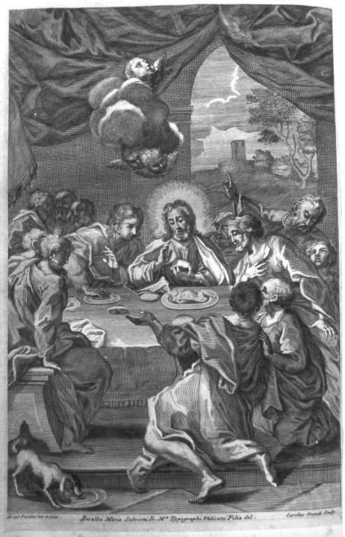 istituzione dell'eucarestia (stampa, elemento d'insieme) di Grandi Carlo (attribuito), Pessaro Giuseppe (attribuito) (sec. XVIII)