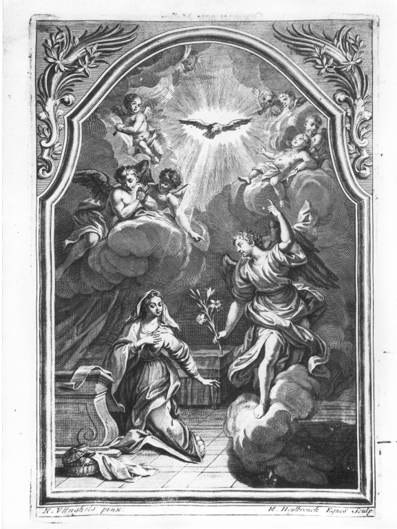 Annunciazione (stampa, elemento d'insieme) di Vleughels Nicolas (attribuito), Heylbrouck Michael (attribuito) (sec. XVIII)