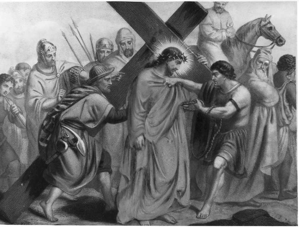 stazione V: Gesù aiutato da Simone il Cireneo a portare la croce (stampa) - ambito francese (fine/inizio secc. XIX/ XX)