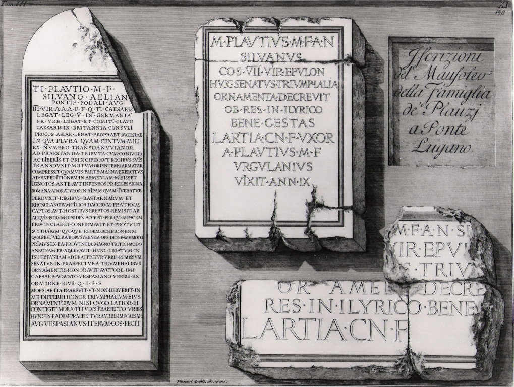 iscrizioni del mausoleo della famiglia de' Plauzj a Ponte Lugano (stampa, serie) di Piranesi Giovanni Battista (prima metà sec. XX)
