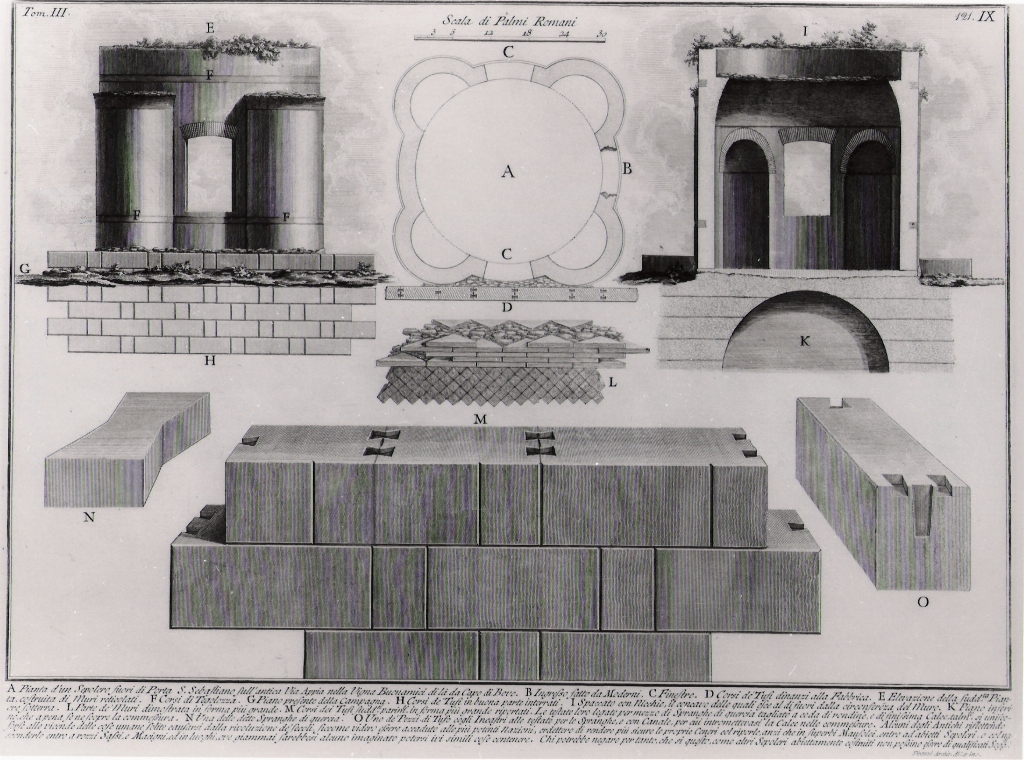 pianta di un sepolcro fuori di Porta San Sebastiano sull'antica via Appia nella vigna Buonamici (stampa, serie) di Piranesi Giovanni Battista (prima metà sec. XX)