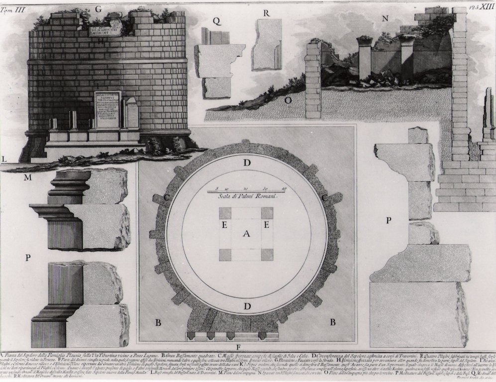 veduta del sepolcro della famiglia Plautia sulla via Tiburtina vicino a Ponte Lugano (stampa, serie) di Piranesi Giovanni Battista (prima metà sec. XX)