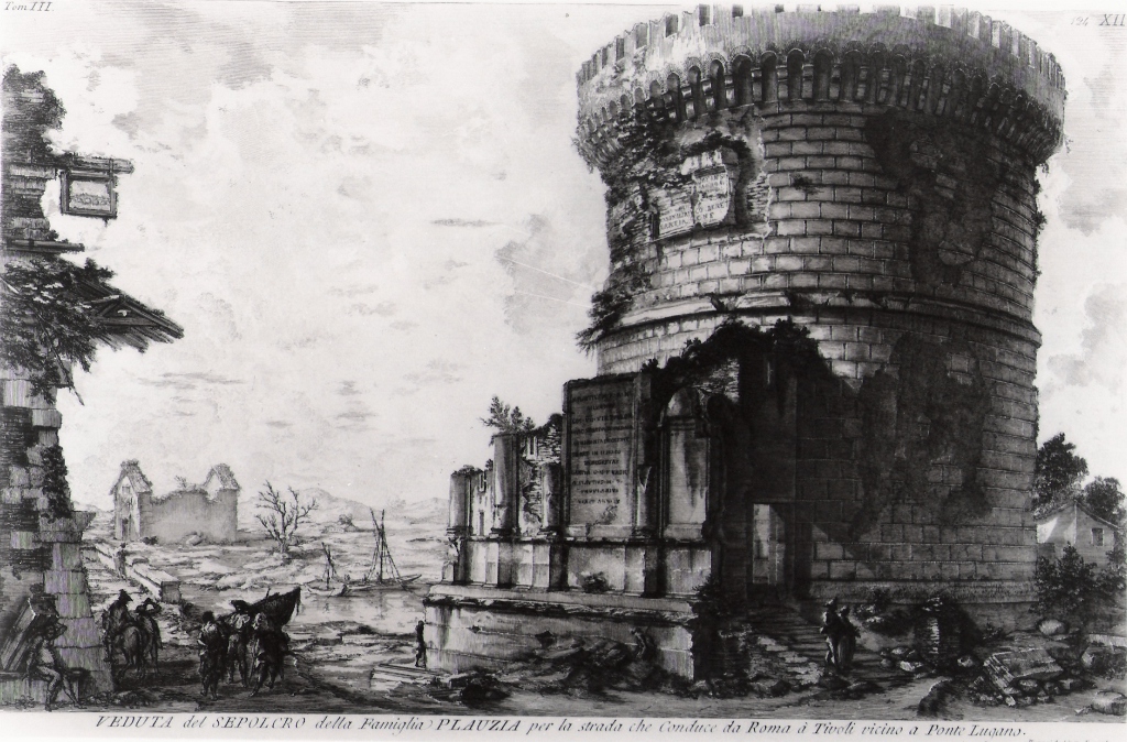 veduta del sepolcro della famiglia Plauzia per la strada che conduce da Roma a Tivoli vicino a Ponte Lugano (stampa, serie) di Piranesi Giovanni Battista (prima metà sec. XX)