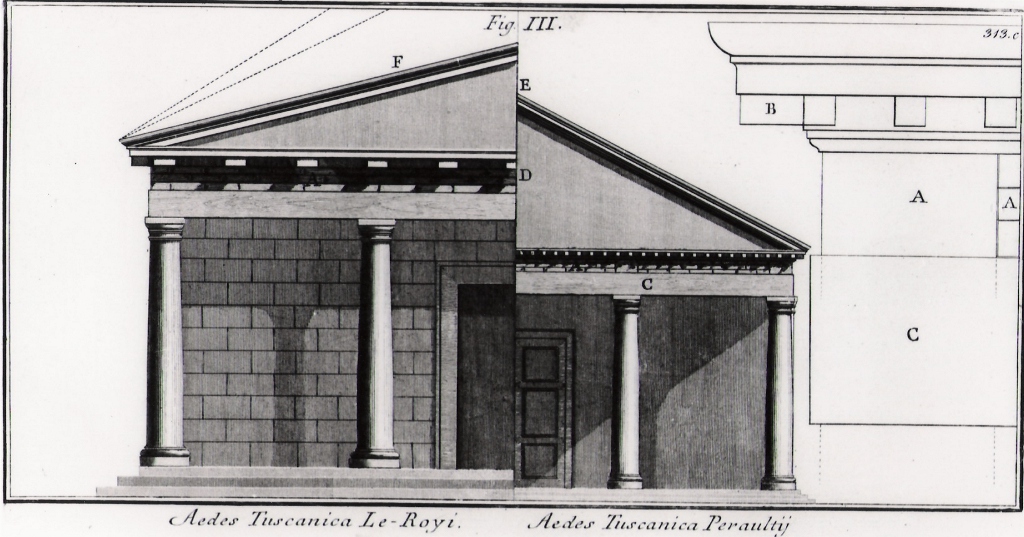 piante ed alzati del tempio tuscanico da Le Roy e Perrault (stampa) di Piranesi Giovanni Battista (prima metà sec. XX)