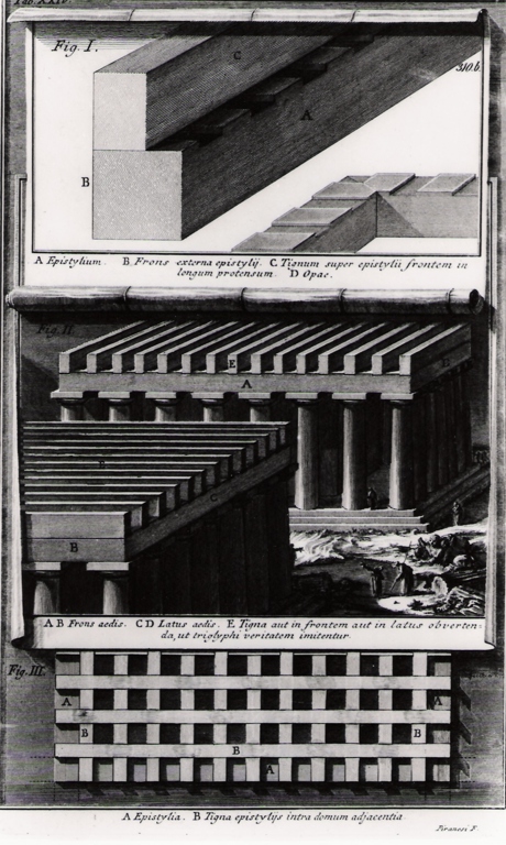 tre diagrammi di struttura di tempio dorico (stampa) di Piranesi Giovanni Battista (prima metà sec. XX)