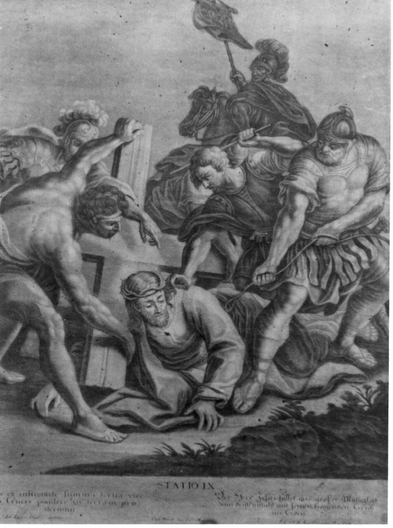 stazione IX: Gesù cade sotto la croce la terza volta (stampa, serie) di Haid Johann Lorenz (prima metà sec. XVIII)