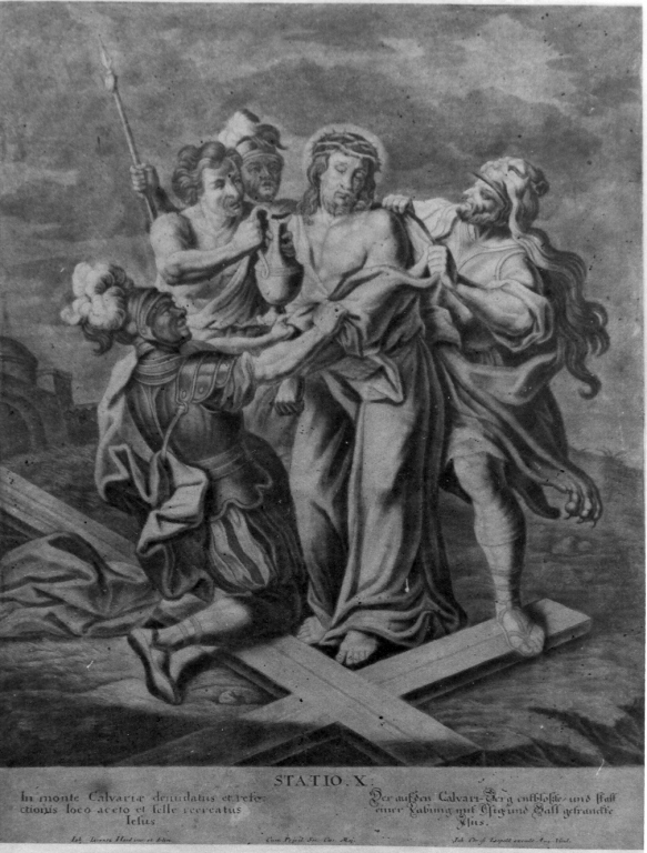 stazione X: Gesù spogliato e abbeverato di fiele (stampa, serie) di Haid Johann Lorenz (prima metà sec. XVIII)